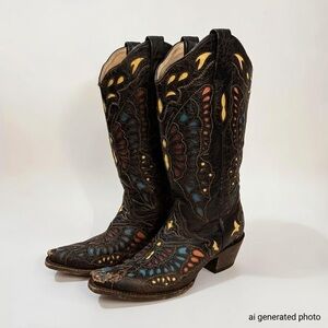 Corral Vintage Distressed Butterfly Leather Colorful Cowboy Western Boots Size 8
